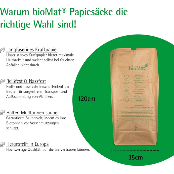Компостовані паперові пакети bioMat 240 л з крафт-паперу, 25 паперових пакетів для контейнера для органічних відходів, 1-шарові, стійкі до розриву, вологостійкі, (упаковка з 25 шт.) 240 л (25 шт.)