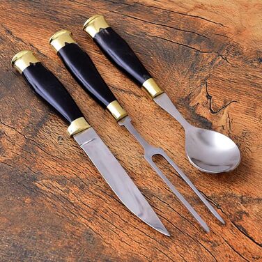 Середньовічний набір столових приборів, кований вручну. Ручка виготовлена з буйволячого рогу. MAQ4527 Чорний