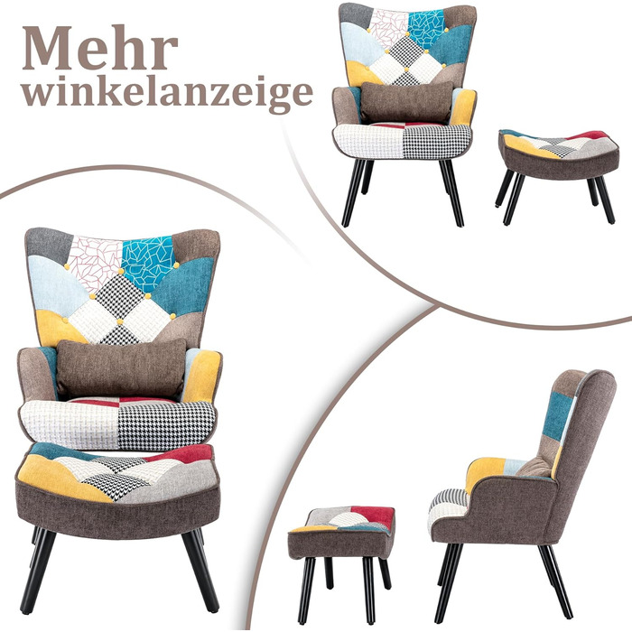 Крісло-відкидка з пуфом, крісло в стилі печворк, дерев&39яне крісло, сучасне крісло-підголовок для вітальні з ніжками з масиву дерева, крісло під телевізор, лляне крісло для відпочинку, коричневе крісло