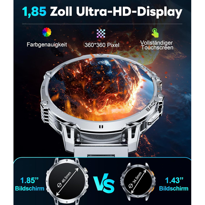 Розумний годинник LIGE Military для чоловіків - 1000 мАг/1,85 дюйма HD великий сенсорний екран/світлодіодна підсвітка, фітнес-годинник з більш ніж 110 спортивними режимами, відстеження серцевого ритму/сну, 2 браслети, водонепроникність IP68, спортивний го