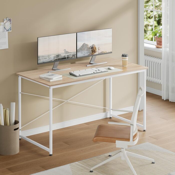 Письмовий стіл, комп&39ютерний стіл 140x60 см, офісний стіл, ПК-стіл, з металевим каркасом, для офісу, домашнього офісу, кабінету, спальні, виготовлений з дерев&39яного матеріалу, світлий дуб 140x60 см, світлий дуб білий