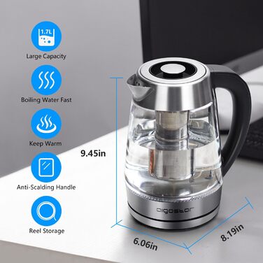 Скляний чайник Aigostar з регулюванням температури 1,7 л, чайник 2-в-1 з ситечком з нержавіючої сталі, вибір температури 60-100C,