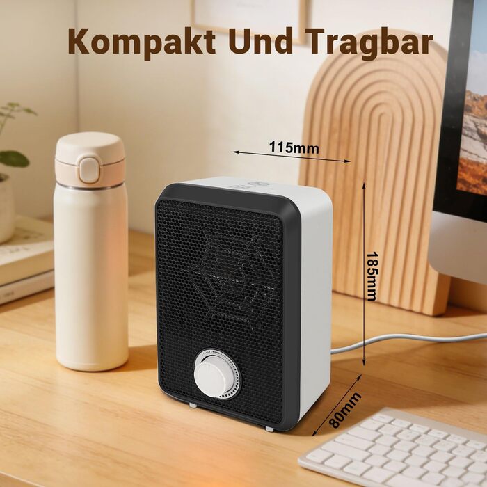 Міні-вентиляторний обігрівач 600 Вт, компактний електричний радіатор, захист від перегріву та перекидання, настільний обігрівач з термостатом, вогнестійкий матеріал V0, тихий мідний двигун, для столу/офісу/домашнього офісу (&lt10 м)