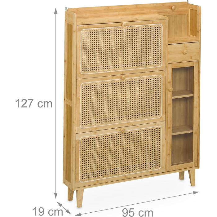 Бамбукова шафа для взуття Relaxdays, 127x95x19 см, натуральний колір Вузька взуттєва полиця, 5 відділень, 3 дверцята, на 9 пар