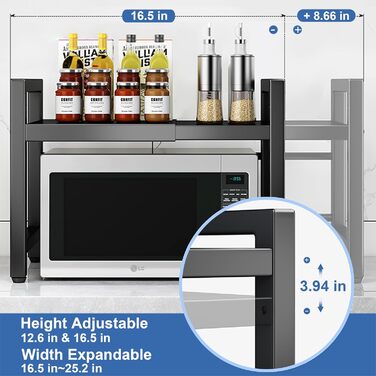 Полиця для мікрохвильової печі, розширювана з 6 гачками, 1 полиця для обробної дошки, органайзер для кухонних полиць, кухонна полиця для мікрохвильової печі, 2-рівнева полиця для мікрохвильової печі