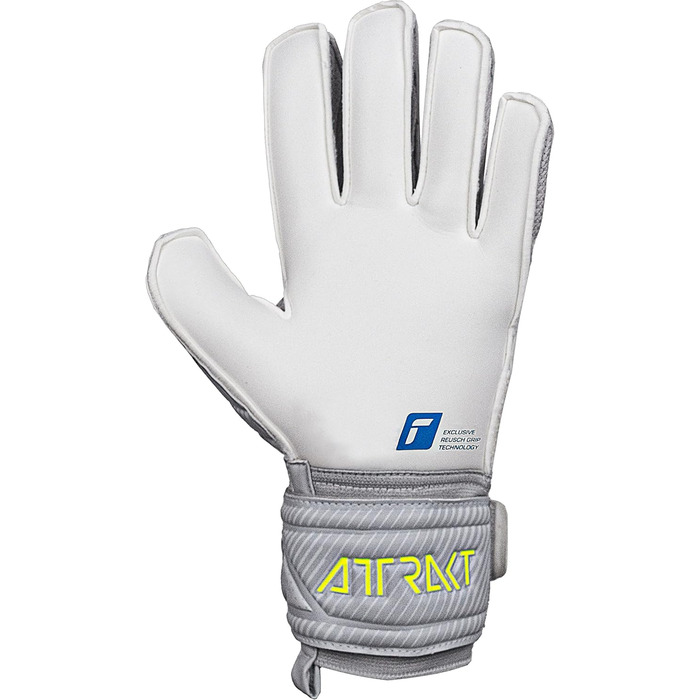 Воротарські рукавиці Reusch чоловічі Attrakt Finger Support унісекс зі зрізом зовнішнього шва та покриттям для зчеплення, підходять для всіх поверхонь поля Футбольні рукавиці із захистом пальців для дорослих світло-сірі - сині - жовті 10