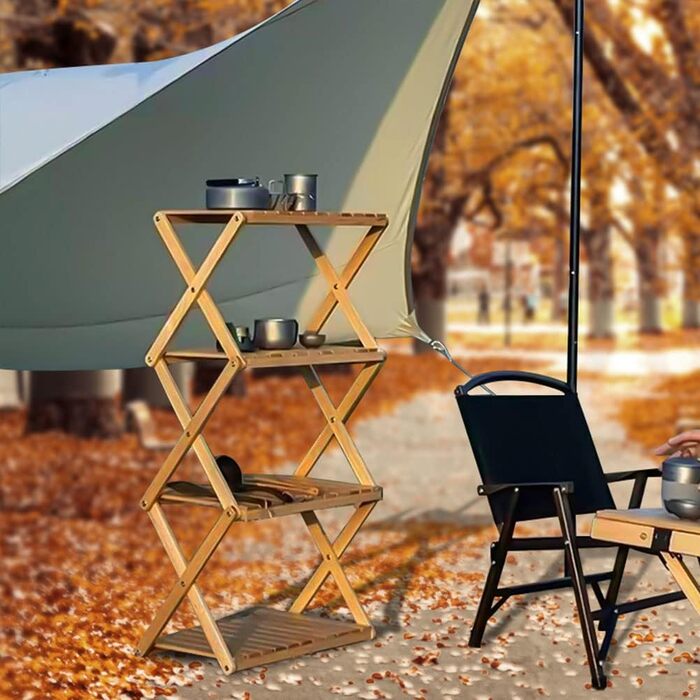 Портативна складна кемпінгова полиця з бамбуковою стільницею, вулична складна шафа для кемпінгу, кухні, телескопічна полиця з 4 рівнями, для грилю на свіжому повітрі, 4 яруси