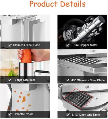 Комерційний овочерізка GEJLELDS з сітчастими ножами 6/8/10/12/15 мм, міцна нержавіюча сталь, електрична машина для кубиків фруктів потужністю 200 Вт для картоплі, моркви, кубиків