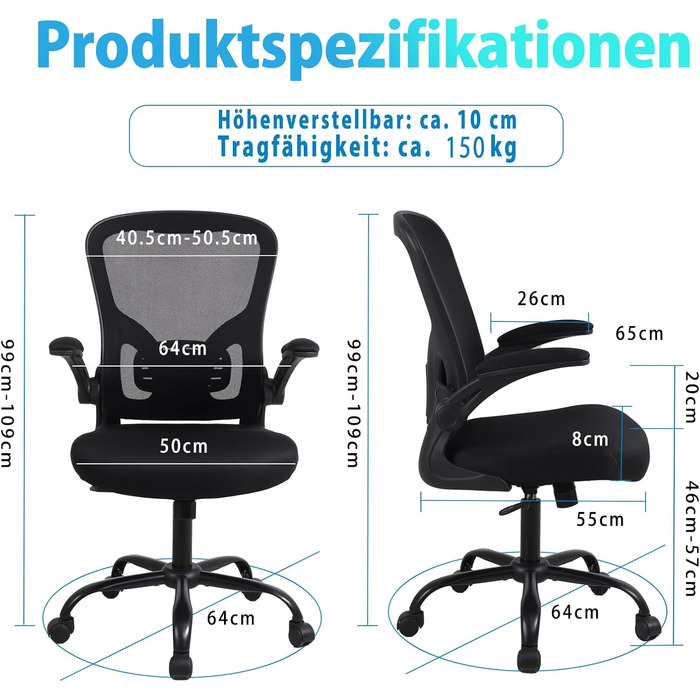 Офісне крісло Youhauchair, ергономічне офісне крісло з відкидними підлокітниками, письмове крісло з поперековою опорою, дихаюче офісне крісло, чорний класичний колір