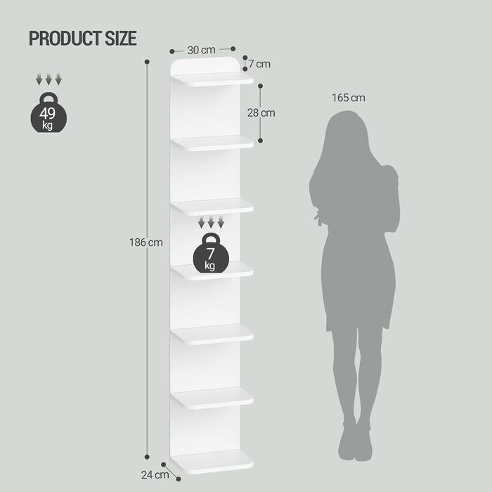 Полиця Hzuaneri, 7-рівнева окремостояча полиця, сучасний дизайн книжкової шафи, настінна полиця, книжкова шафа, окремостояча або настінна, для кабінету, вітальні, спальні, 24 x 30 x 186 см, білий BC88803X