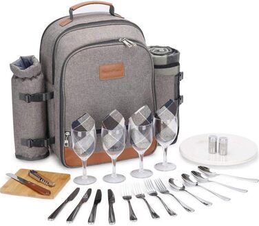 Ізольований пікніковий рюкзак HappyPicnic для 4 осіб з повним набором посуду, містким відділенням-холодильником, тримачами для пляшок та великим водонепроникним килимком для пікніка