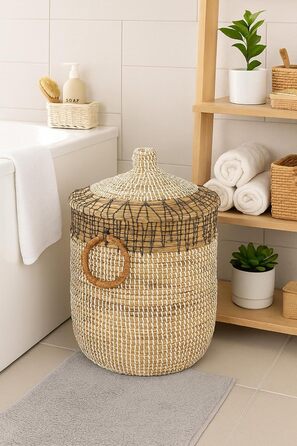 Кошик Kobolo BIRA зі зміями та морською травою Ø 31 см, В 44 см Кошик ручної роботи з кришкою бежевого кольору Органайзер Декоративний кошик Виготовлений з натурального матеріалу для іграшок, газет або книг