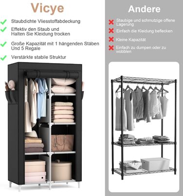 Шафа, тканинна шафа з вішаком для одягу, 6 полицями, 4 боковими кишенями та кришкою, міцна шафа для гардеробної спальні (чорна, 84 x 42 x 162 см)