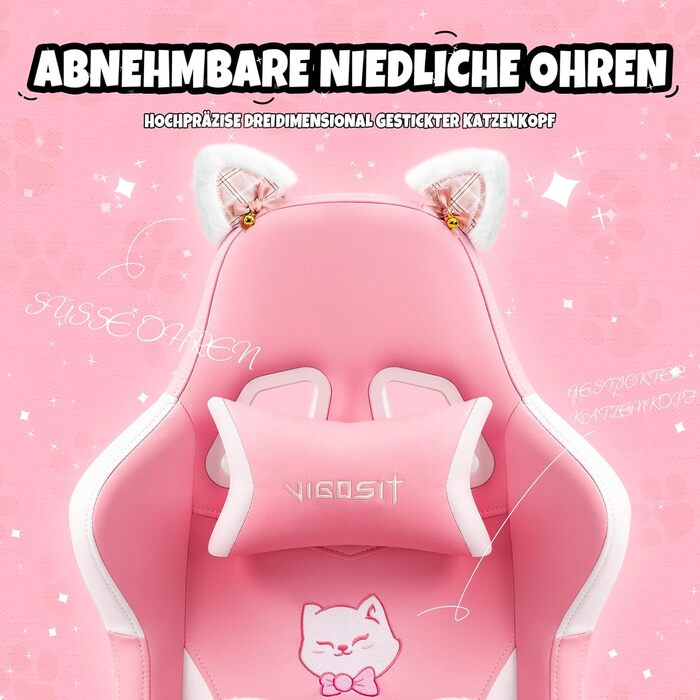Миле ігрове крісло з поперековою подушкою у формі котячої лапи та котячими вушками, ергономічне ігрове крісло з підставкою для ніг, регульоване ігрове крісло для ПК для дівчаток, підлітків, дітей, рожеве
