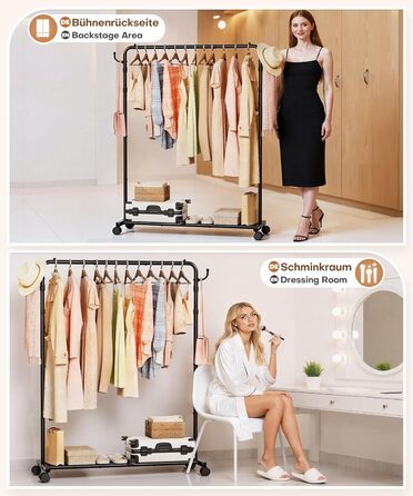 Багатофункціональна вішалка для одягу Yorbay з регульованою висотою на колесах міцна металева вішалка для одягу з полицею для багажу - компактна вішалка для одягу для спальні та пральні (117,5 см) чорного кольору 117,5 см