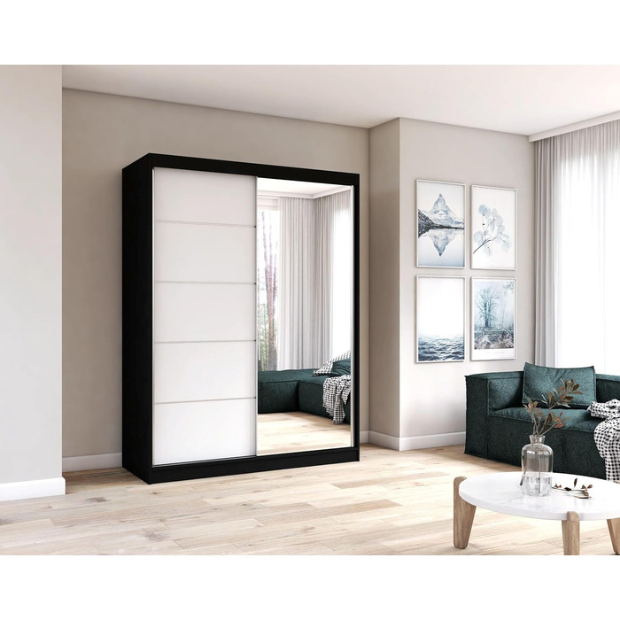 Шафа з дзеркалом, розсувні двері - Шафа з розсувними дверима, шафа для спальні - 61 x 150 x 200 см - Шафа для спальні, гардеробної, шафа - чорний, білий