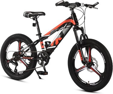 Дюймовий дитячий гірський велосипед для хлопчиків та дівчаток 7-швидкісні передачі Shimano передні та задні дискові гальма амортизаційна вилка міцна сталева рама дитячий велосипед, червоний, 20-