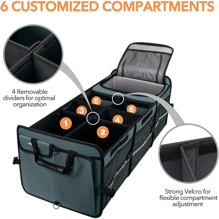 Органайзер для багажника з вбудованою герметичною сумкою-холодильником, 2 стяжними ременями, 4 знімними перегородками, складною кришкою, виготовлений з PE-пластини товщиною 2 мм, сірий
