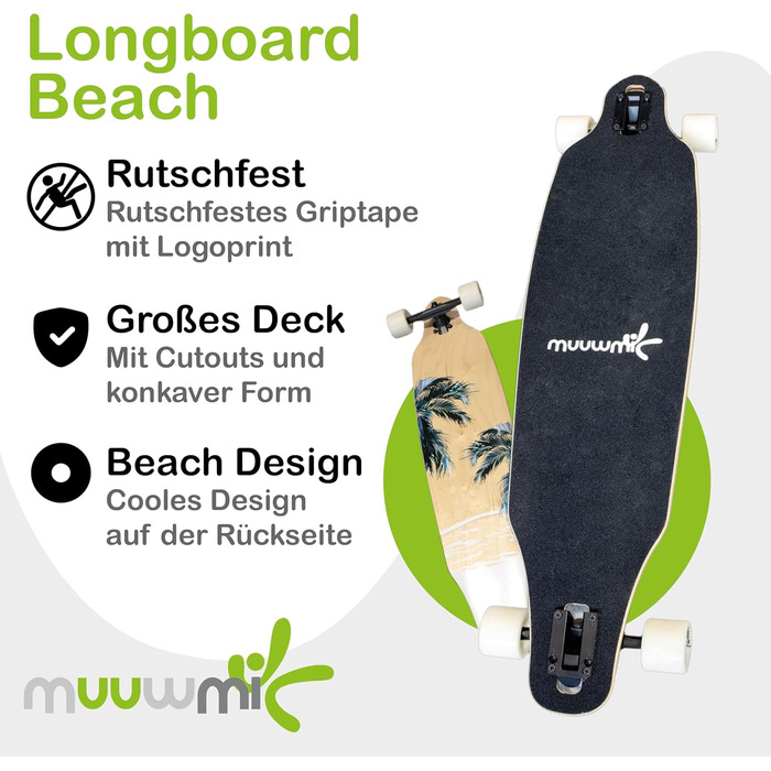 Лонгборд Muuwmi Beach Deluxe 97 см 9-шаровий клен ABEC-7 PU колеса 65x51 мм 78A top mount cruiser пляжний дизайн повний компліт для новачків карвінгу оригінал Німеччина 2025