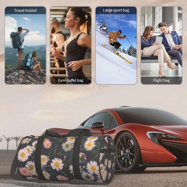 Спортивна сумка, дорожня сумка, стильна сумка для подорожей з квітковим принтом (ромашки), чорна, універсальний розмір