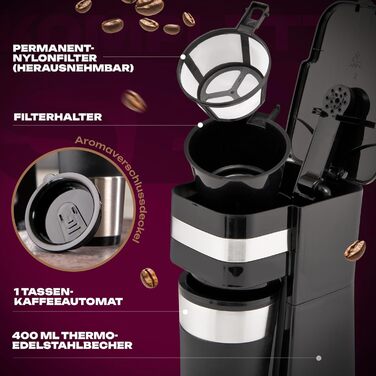 Кавоварка Clatronic з кухлем Coffee To Go 400 мл Підходить для всіх поширених підстаканників (наприклад, автомобільних) Кавоварка з фільтром з кухлем з нержавіючої сталі та аромакришкою Кавоварка мала KA 3733 Classic