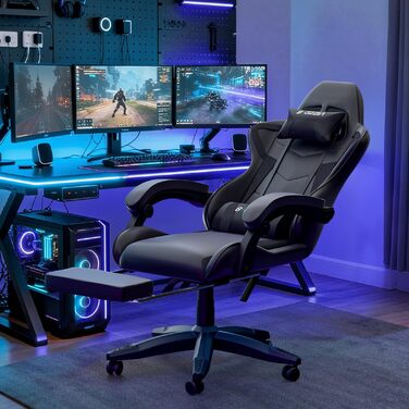 Геймерське крісло з висувною підставкою для ніг та регульованою поперековою опорою, ергономічне комп&39ютерне крісло з синтетичної шкіри з можливістю нахилу 90-155, офісне крісло з піни з ефектом пам&39яті та подушкою для шиї (чорне)