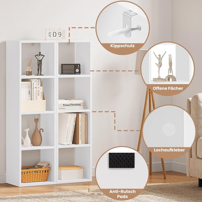 Книжкова полиця WOLTU на 4 рівні, кубічна полиця, відкритий стелаж, полиця для вітальні, кабінету, дитячої кімнати, офісу, сучасна, 30x106,5x23,5 см, білий, SK051ws