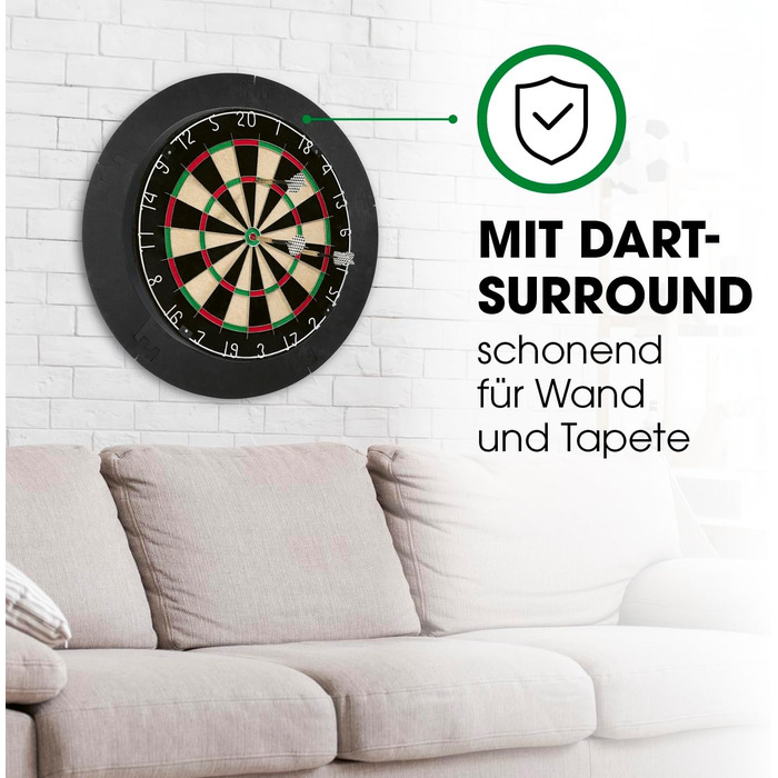 Мішень для дротиків Повний набір дротиків з 6 дротиками та додатковим підсвічуванням дротиків Сталеві дротики, включаючи льотки Сизалеві дротики із захисним кільцем Мішень для дротиків виготовлена з самозакриваючихся сизалевих волокон 1) Мішень для дротик