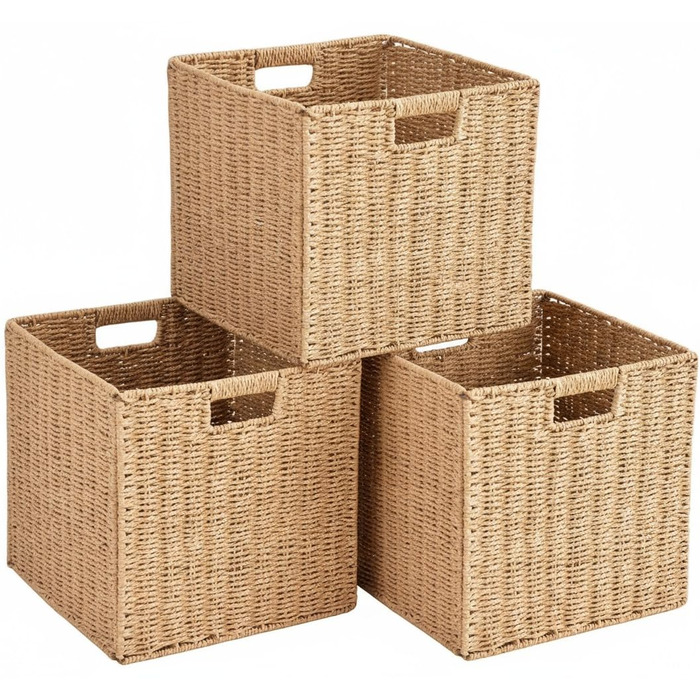 Набір із 3 плетених кошиків для зберігання, складні кошики для зберігання/кошики-полички, 25x25x25 см