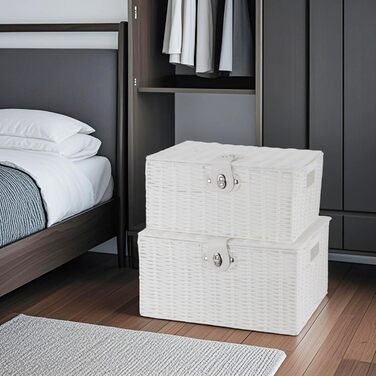 Набір із 3 білих плетених кошиків для зберігання з кришками та замками, плетені кошики для білизни з кришками, кошики з білої лози з лози з смоли для подарунків, одягу, маленькі/середні/великі