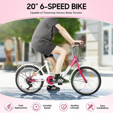 Преміальний 20-дюймовий велосипед для дівчаток, 6 швидкостей, рожевий, рама з вуглецевої сталі з передніми та задніми гальмами, регулювання висоти для зросту 145-165 см, максимальне навантаження 90 кг