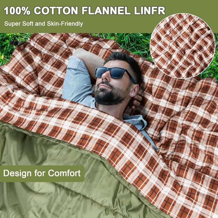 Бавовняний фланелевий спальний мішок для кемпінгу, походів або трекінгу. Водонепроникний спальний мішок розміру &quotqueen-size&quot для дорослих або підлітків. Підходить для вантажівок, наметів або спальних мішків. Легкий, зелено-коричневий.