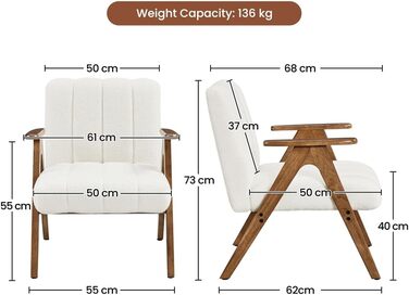 Крісло Yaheetech з вигнутою спинкою з тканини букле, крісло для відпочинку з підлокітниками, крісло з дерев&39яними ніжками для вітальні/спальні, м&39яке крісло під телевізор, міцний каркас, вантажопідйомність до 136 кг, білий колір
