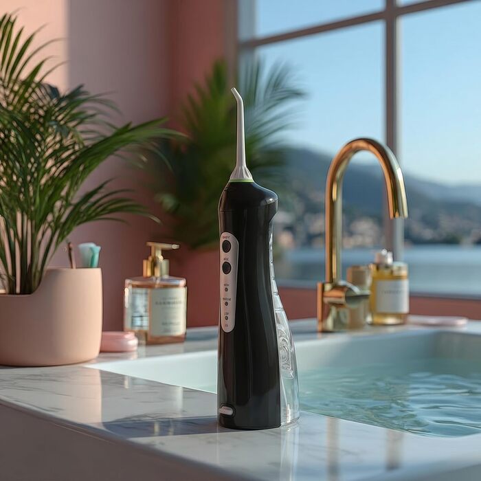 Портативний іригатор для ротової порожнини Бездротовий водний флоссер для чищення зубів та догляду за гігієною ротової порожнини, 4 насадки (Чорний), 770