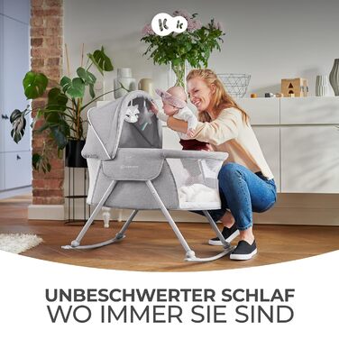 Дитяче ліжко Kinderkraft 3-в-1 LOVI, Дорожнє ліжечко, Колиска, Дитяча колиска, Шезлонг, Складане, Легке транспортування, з аксесуарами, Сумка, Москітна сітка, від народження до 9 кг, Бежеве односпальне