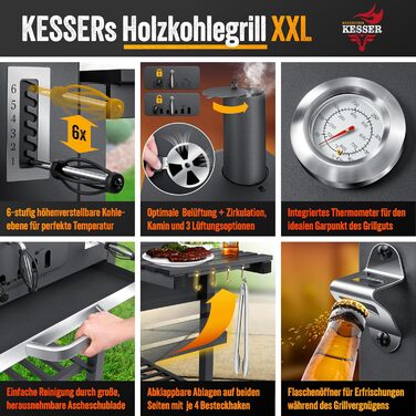 Візок для барбекю XXL вугільний гриль з кришкою, колесами, ручкою з нержавіючої сталі, решіткою для гриля і термометром Візок для