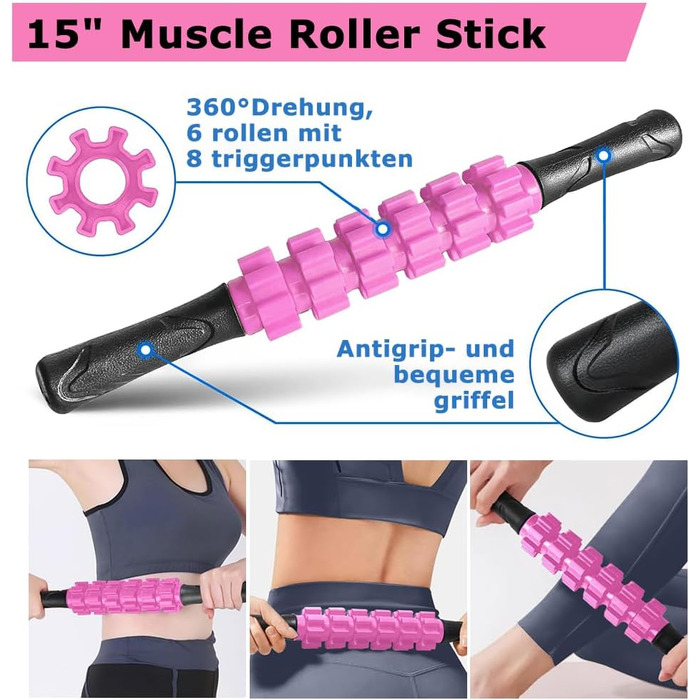 Ролик для фасції, Qveetry 6 в 1 пінопластовий ролик, набір роликів для фасції з масажною роликовою палицею, стрічки опору для силових тренувань, масажний м&39яч, фітнес-стрічки, пінопластовий ролик 33 см для йоги, пілатесу, спорту, рожевий