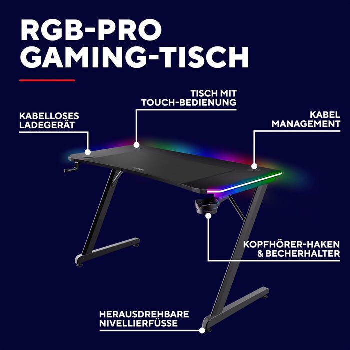 Ігровий стіл Trust Gaming GXT 710 Luminus Pro 120x60 з RGB LED, вбудованим бездротовим зарядним пристроєм 10 Вт, 10 колірними режимами, ігровий стіл з підсклянником, гачком для навушників - чорний 120x60 см - Pro Edition Black