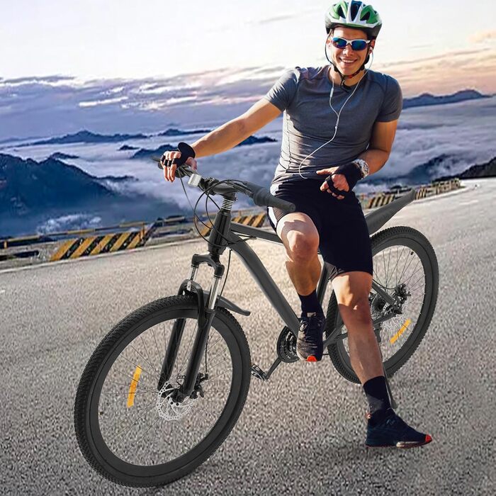 Дюймовий гірський велосипед з 21-швидкісною коробкою передач, підходить для хлопчиків та дівчаток, передні та задні дискові гальма, регульоване сидіння для гірських пригод та їзди містом, чорний, 26-