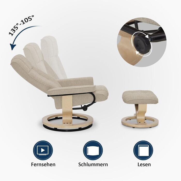 Крісло M MCombo Relax з підніжкою, крісло для телевізора з поворотом на 360 та функцією відкидання, крісло для телевізора вантажопідйомністю до 120 кг, сучасне крісло для вітальні, 9019 (тканина, бежевий) Бежева тканина