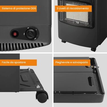 Складаний газовий обігрівач White by Brigros DA-201, інфрачервоний, п&39єзорозпал, підходить для зрідженого газу/бутану/пропану, відділення для газового балона до 15 кг, система ODS, 4200 Вт, чорний