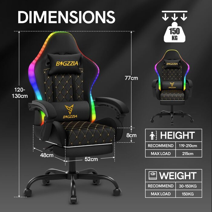 Ігрове крісло bigzzia з RGB LED - Ергономічне ігрове крісло з поперековою опорою та підставкою для ніг, регульоване та поворотне ігрове крісло зі штучної шкіри, 150 кг, чорне зі світлодіодним підсвічуванням