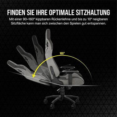 Ігрове крісло Corsair T3 RUSH з тканинною оббивкою (2023) Дизайн у стилі гонок Мяка оббивка Мяка подушка для шиї Поперекова підтримка з піни з ефектом памяті Чорний, темно-сірий та антрацитовий кольори T3 RUSH (2023)