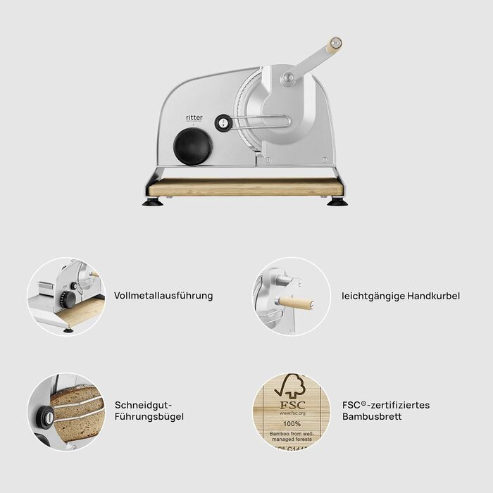 Універсальний слайсер Ritter AMANO 5, ручний універсальний слайсер з плавним ручним рукояткою, виробництво Німеччина, сріблястий металік
