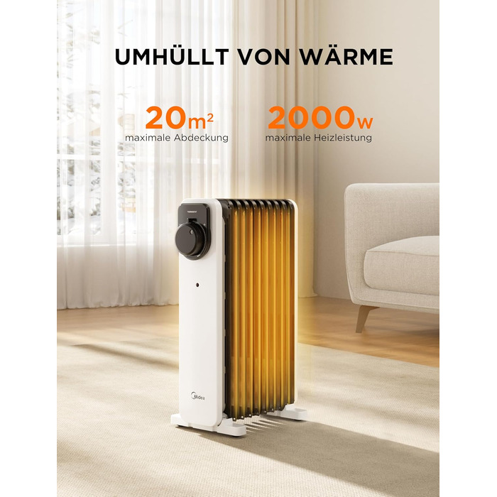 Масляний радіатор Midea, портативний електричний обігрівач потужністю 2000 Вт з 9 ребрами, поворотною ручкою керування та регульованим термостатом, 3 режими нагріву, захист від перекидання та перегріву, надзвичайно тихий для офісу та дому 9 ребер Поворотн