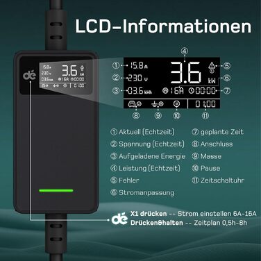 Зарядний кабель електромобіля тип 2 Schuko - 3.68кВт 1-фазний, 6м, 6-16А тип 2 до Schuko з керованим цифровим дисплеєм - Зарядний