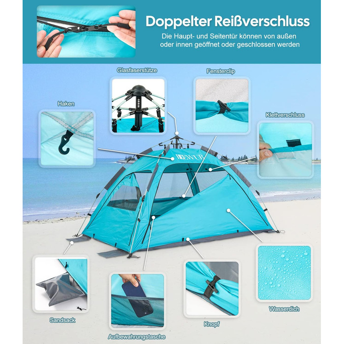 Пляжний намет для 2-4 осіб, розкладний пляжний намет, захист від сонця UPF 50, водонепроникний для сімей, для пляжу, кемпінгу, саду, синій
