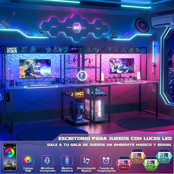 Ігровий стіл з полицею, комп&39ютерний стіл 47 дюймів зі світлодіодним підсвічуванням та розетками, стіл для домашнього офісу з двосторонніми 5-ярусними відділеннями для зберігання та підставкою для монітора, чорний, 120 см.