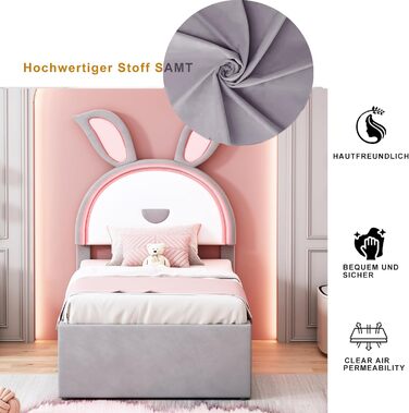 Дитяче м&39яке ліжко 90x200 см з світлодіодною підсвіткою у формі вуха кролика, односпальне ліжко з висувним ліжком та 3 шухлядами для зберігання речей для 2 дітей, каркас ліжка з рейковою основою з дерева, оксамит, сірий колір, без матраца