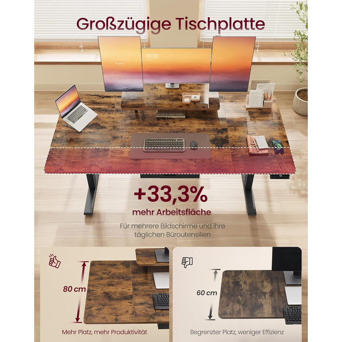 Письмовий стіл з регульованою висотою, 160 x 80 см, гнучка підставка для монітора, шухляда, порт USB-C, нагадування про тривале сидіння, для офісу, вінтажний коричневий LSD156KD01 160 x 80 см вінтажний коричневий